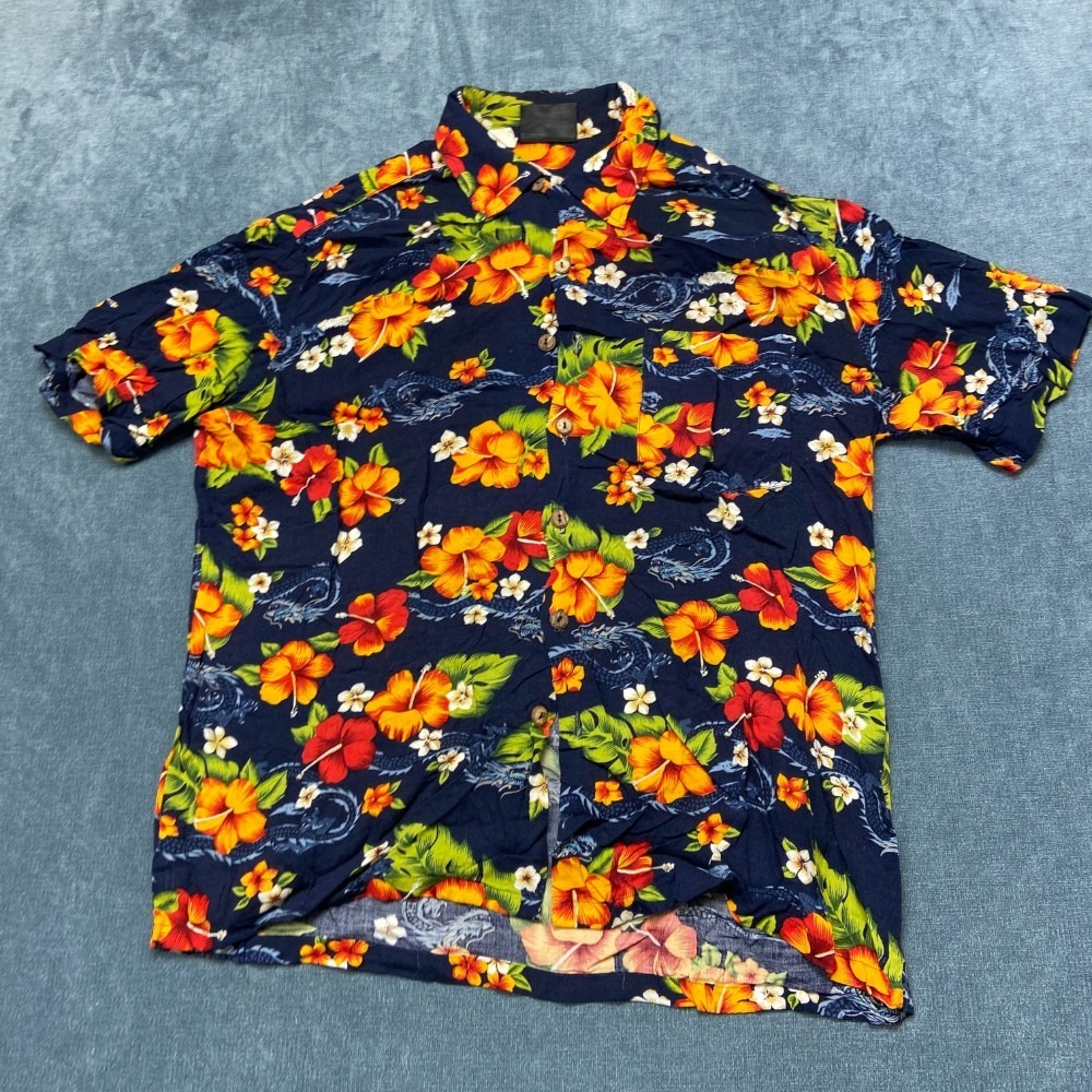 Red Dragon By Kennington Hawaiian Shirt Mens Large Blue Floral Button Up Beach